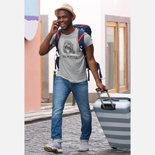 Men in a Heather Gray 'Out of Office' T-shirt featuring a cool Labradoodle illustration in sunglasses and jacket, with 'vamos a la playa' text below.