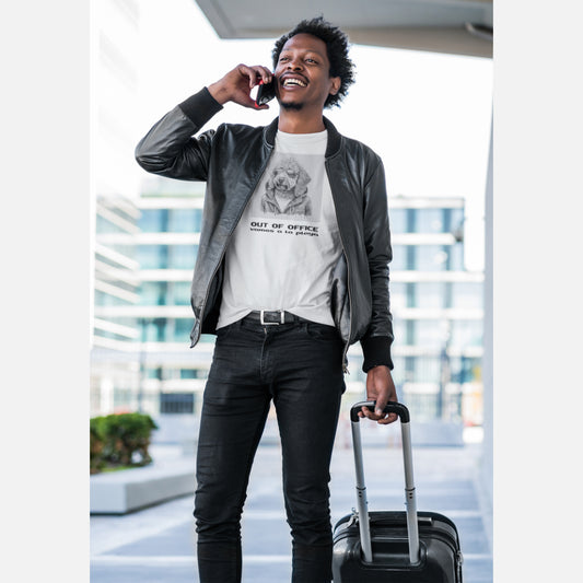 Men in an Off White  'Out of Office' T-shirt featuring a cool Labradoodle illustration in sunglasses and jacket, with 'vamos a la playa' text below.