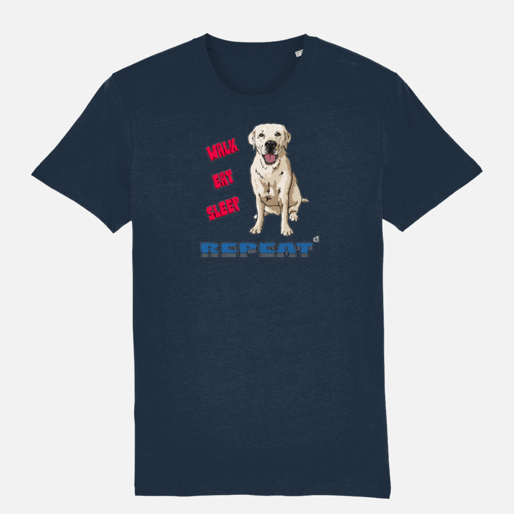 French Navy T-shirt featuring a Labrador Retriever illustration with the slogan 'WALK EAT SLEEP REPEAT' in bold red and blue text.