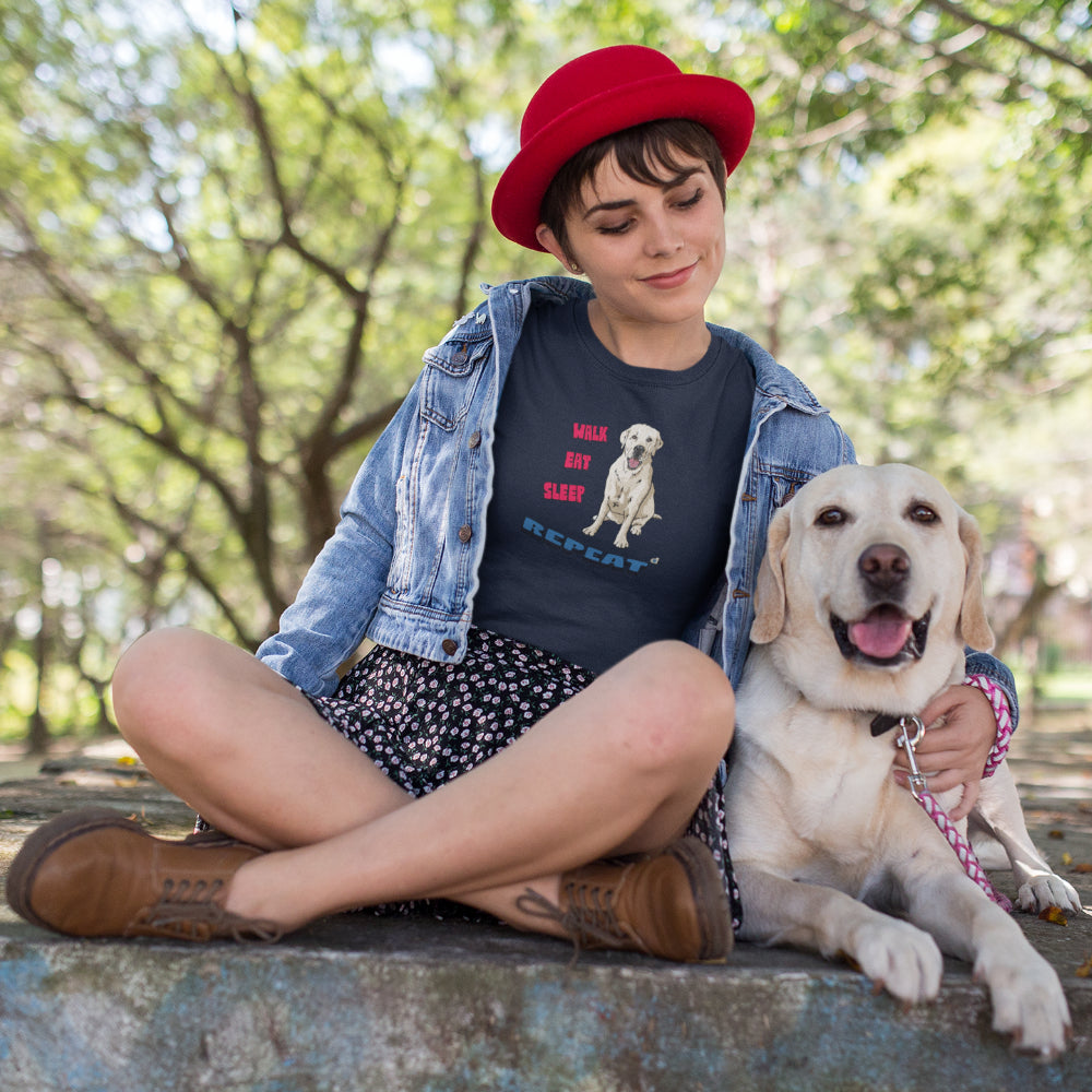 Women in French Navy T-shirt featuring a Labrador Retriever illustration with the slogan 'WALK EAT SLEEP REPEAT' in bold red and blue text.