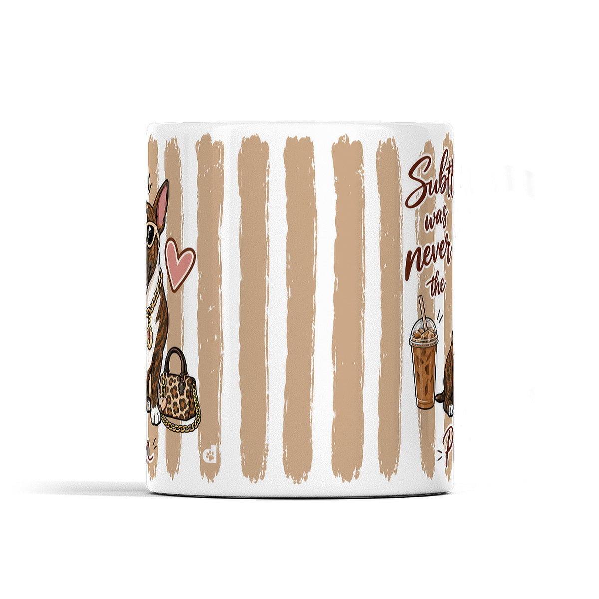 Centre view of Bull Terrier ceramic mug showing latte brushstroke stripes