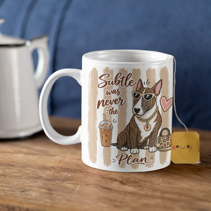 Bull Terrier ceramic mug photographed in a warm lifestyle setting