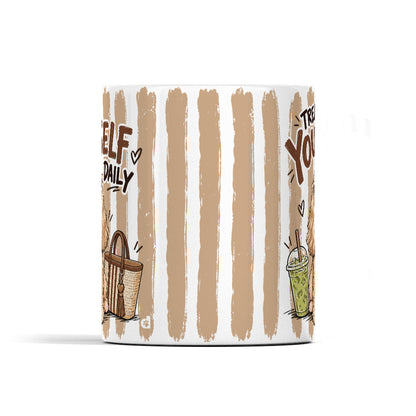 Centre view of the Cocker Spaniel ceramic mug showing latte brushstroke stripes, with parts of the dog design at both edges.
