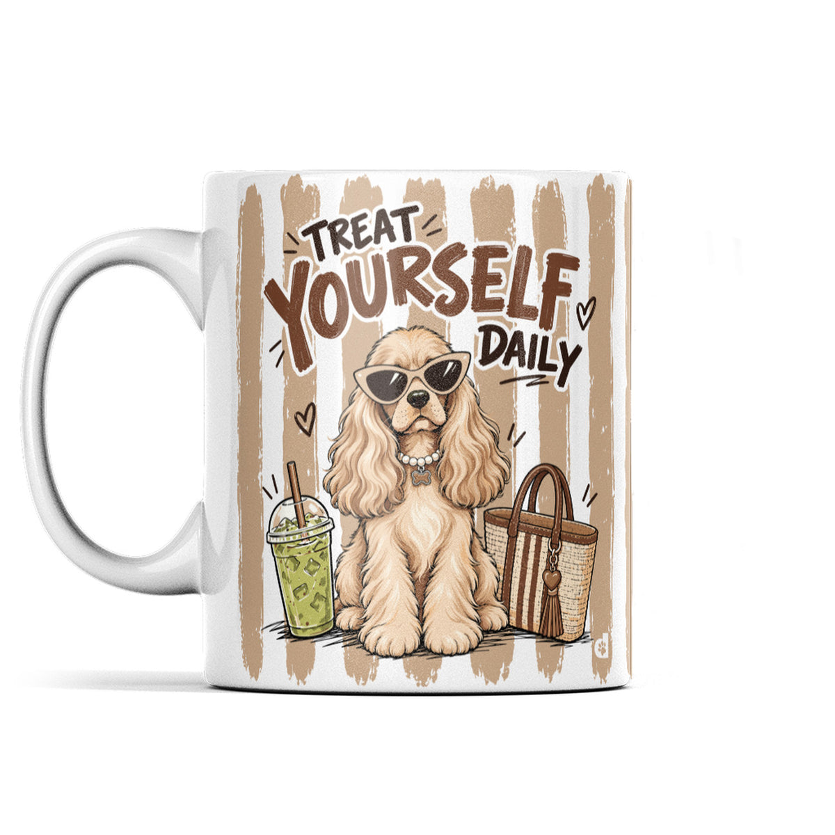 Cocker Spaniel ceramic mug with handle on the left, showing the Treat Yourself Daily illustration in beige and brown