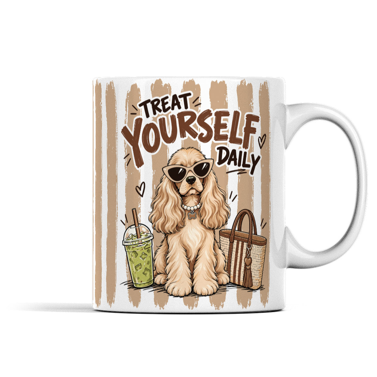 Cocker Spaniel ceramic mug with handle on the right, featuring the Treat Yourself Daily dog, matcha drink and jute bag.