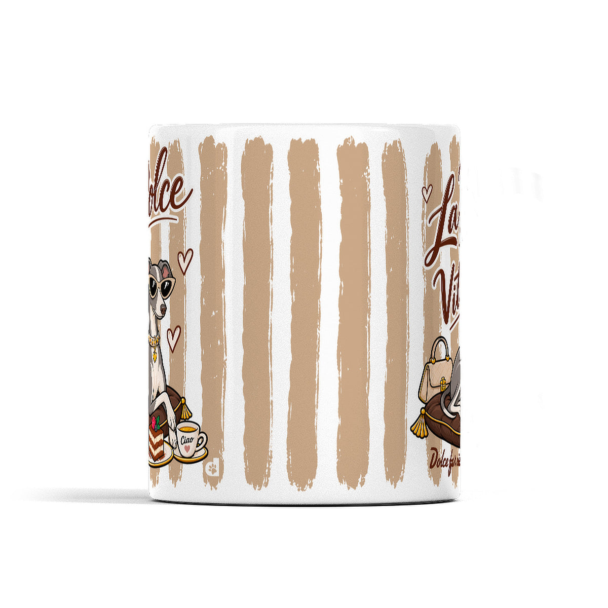 Centre view of the Italian Greyhound ceramic mug showing latte brushstroke stripes