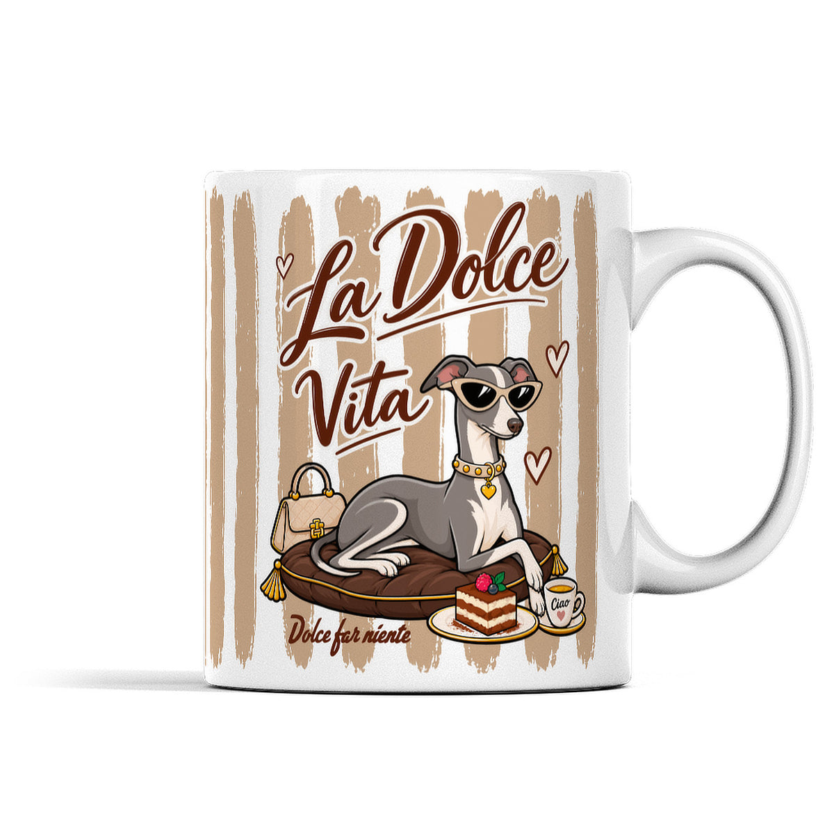 Italian Greyhound ceramic mug with handle on the right, showing the La Dolce Vita design