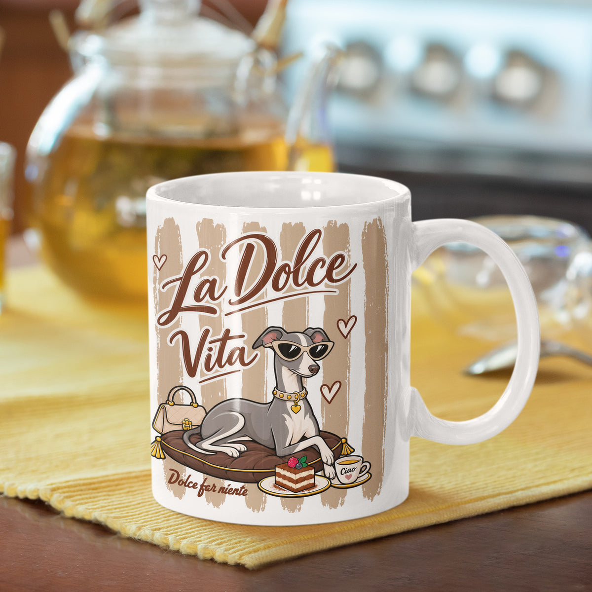 Italian Greyhound ceramic mug photographed in a warm coffee setting