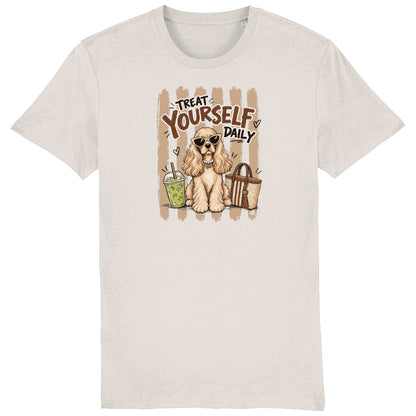 A Vintage White T-shirt featuring a cartoon graphic of a Cocker Spaniel dog wearing sunglasses, with the text 'TREAT YOURSELF DAILY' and a matcha and a handbag.