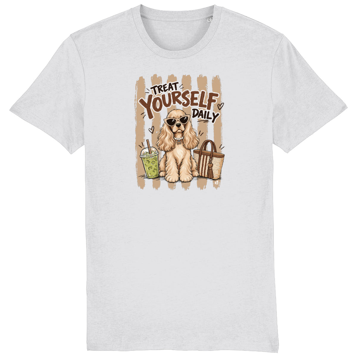 A Vintage White T-shirt featuring a cartoon graphic of a Cocker Spaniel dog wearing sunglasses, with the text 'TREAT YOURSELF DAILY' and a matcha and a handbag.