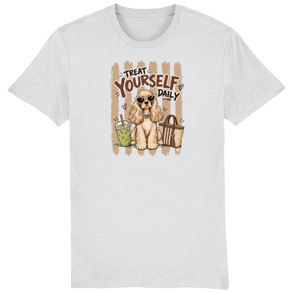 A Vintage White T-shirt featuring a cartoon graphic of a Cocker Spaniel dog wearing sunglasses, with the text 'TREAT YOURSELF DAILY' and a matcha and a handbag.
