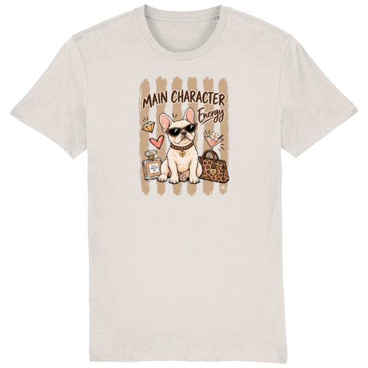 French Bulldog Main Character Energy unisex T-shirt in vintage white with latte stripe design