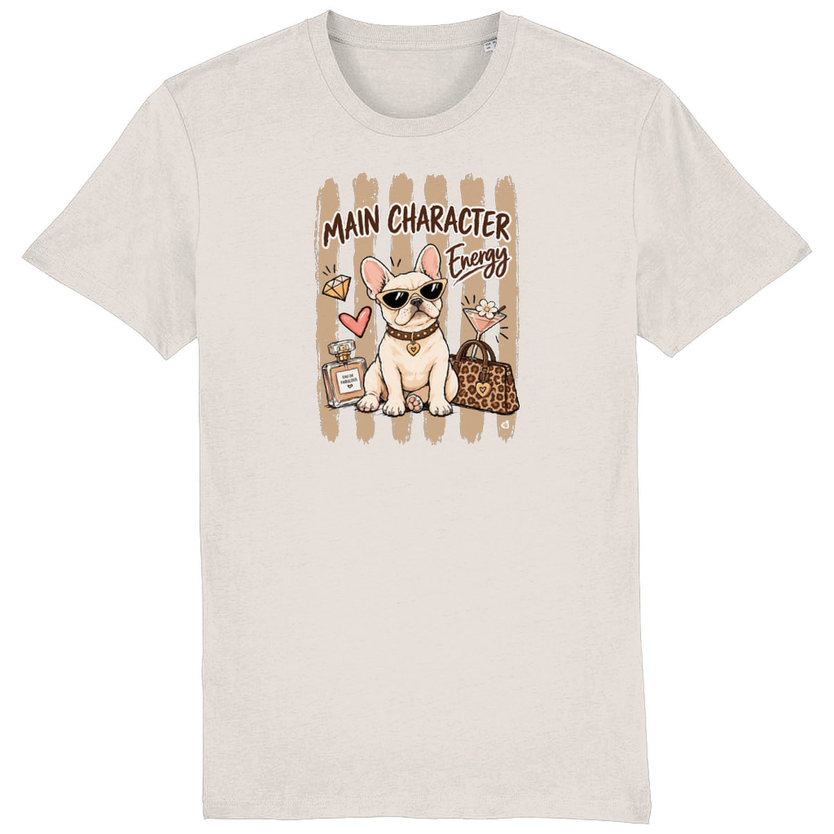 French Bulldog Main Character Energy unisex T-shirt in vintage white with latte stripe design