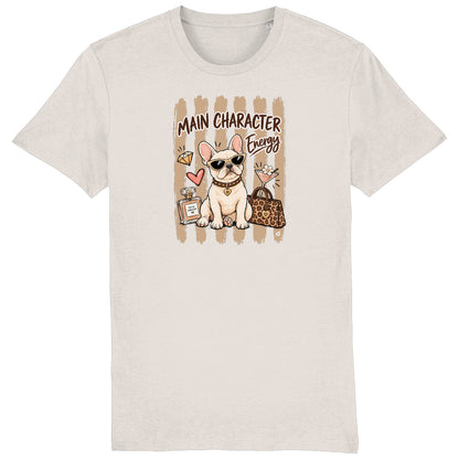French Bulldog Main Character Energy unisex T-shirt in vintage white with latte stripe design