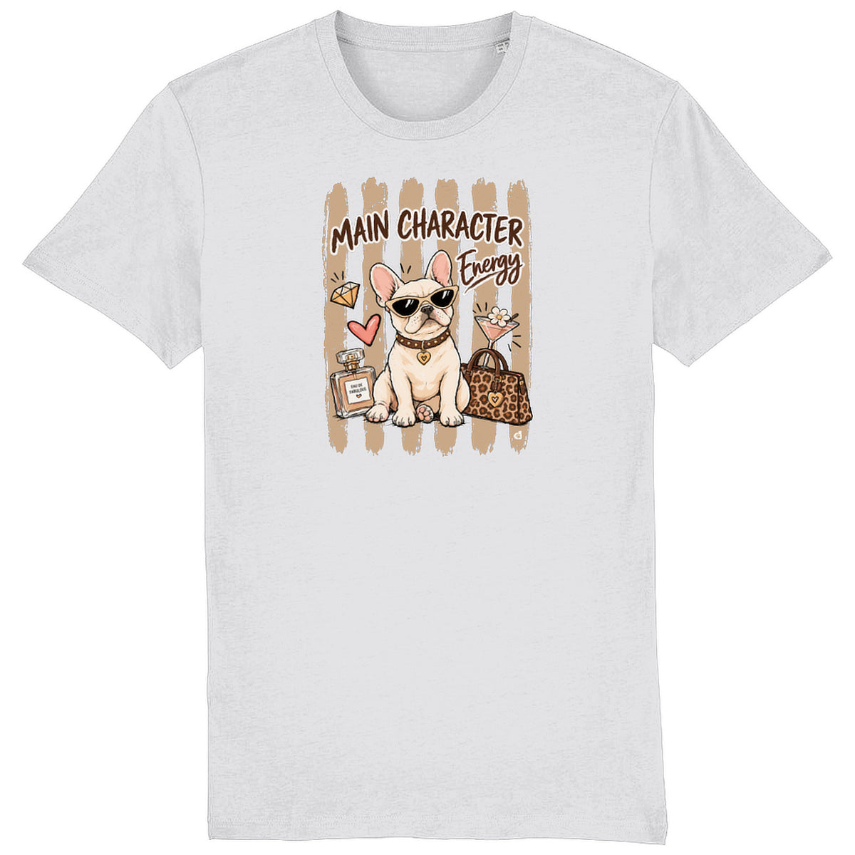 French Bulldog Main Character Energy unisex T-shirt in white with latte stripe design