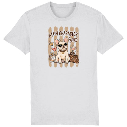 French Bulldog Main Character Energy unisex T-shirt in white with latte stripe design