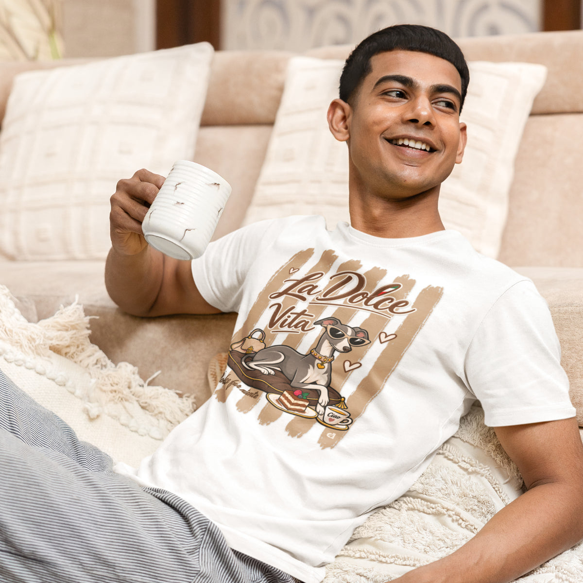 Man wearing Italian Greyhound La Dolce Vita T-shirt in Vintage White