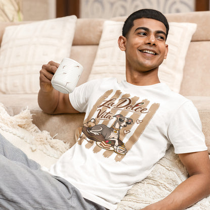 Man wearing Italian Greyhound La Dolce Vita T-shirt in Vintage White