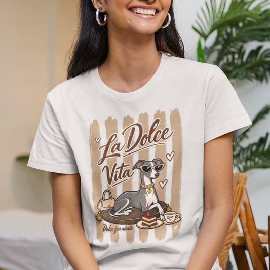 Woman wearing Italian Greyhound La Dolce Vita T-shirt in Vintage White