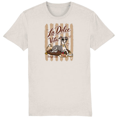 A Vintage White T-shirt featuring a graphic print of an Italian greyhound dog wearing sunglasses, sitting on a cushion with a cup of coffee, under the text 'La Dolce Vita'.
