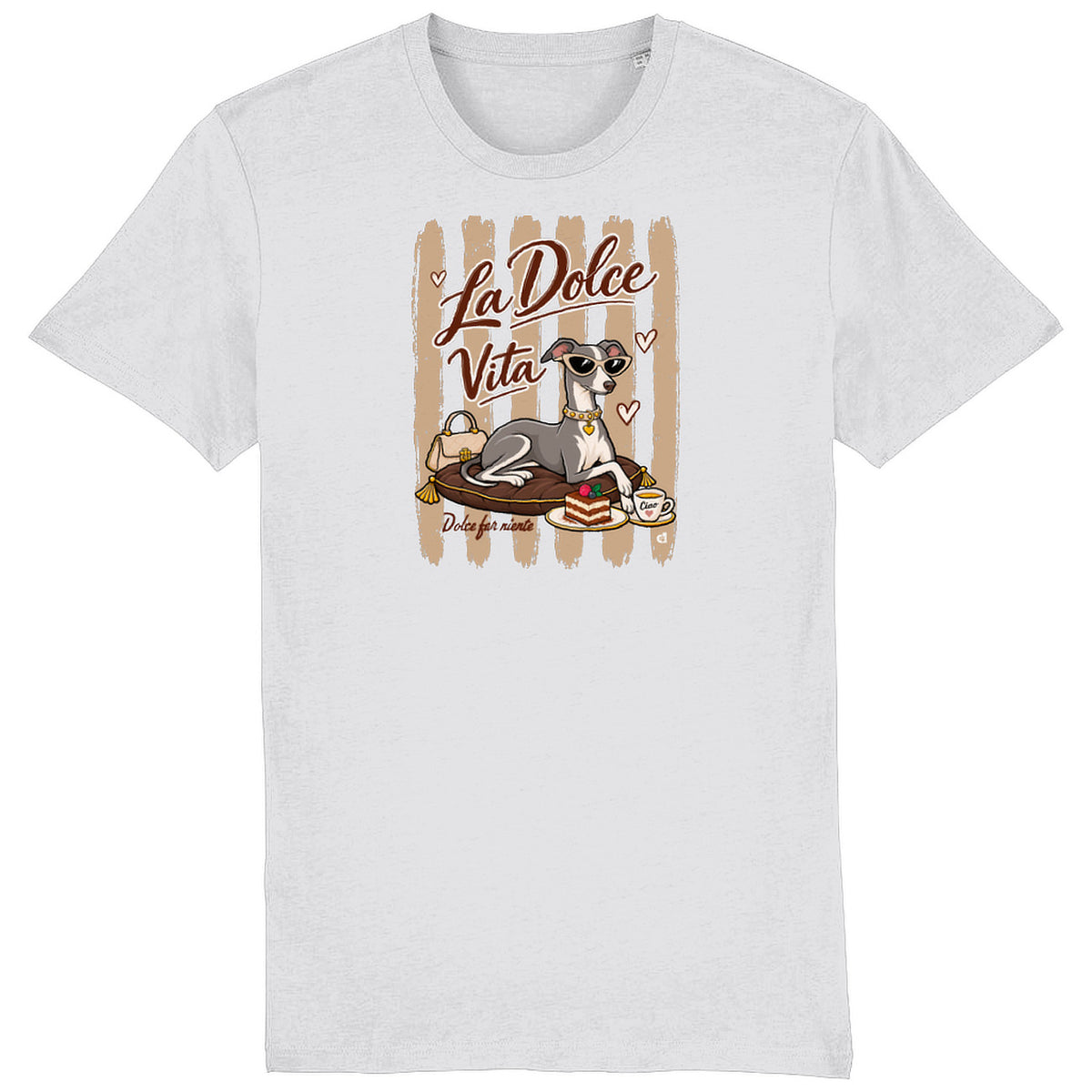 A White T-shirt featuring a graphic print of an Italian greyhound dog wearing sunglasses, sitting on a cushion with a cup of coffee, under the text 'La Dolce Vita'.