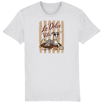 A White T-shirt featuring a graphic print of an Italian greyhound dog wearing sunglasses, sitting on a cushion with a cup of coffee, under the text 'La Dolce Vita'.
