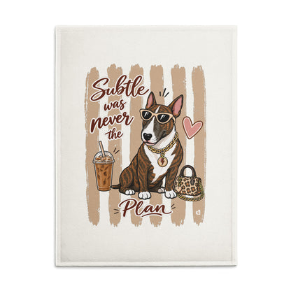 Bull Terrier tea towel showing the Subtle Was Never the Plan illustration in warm beige and brown tones