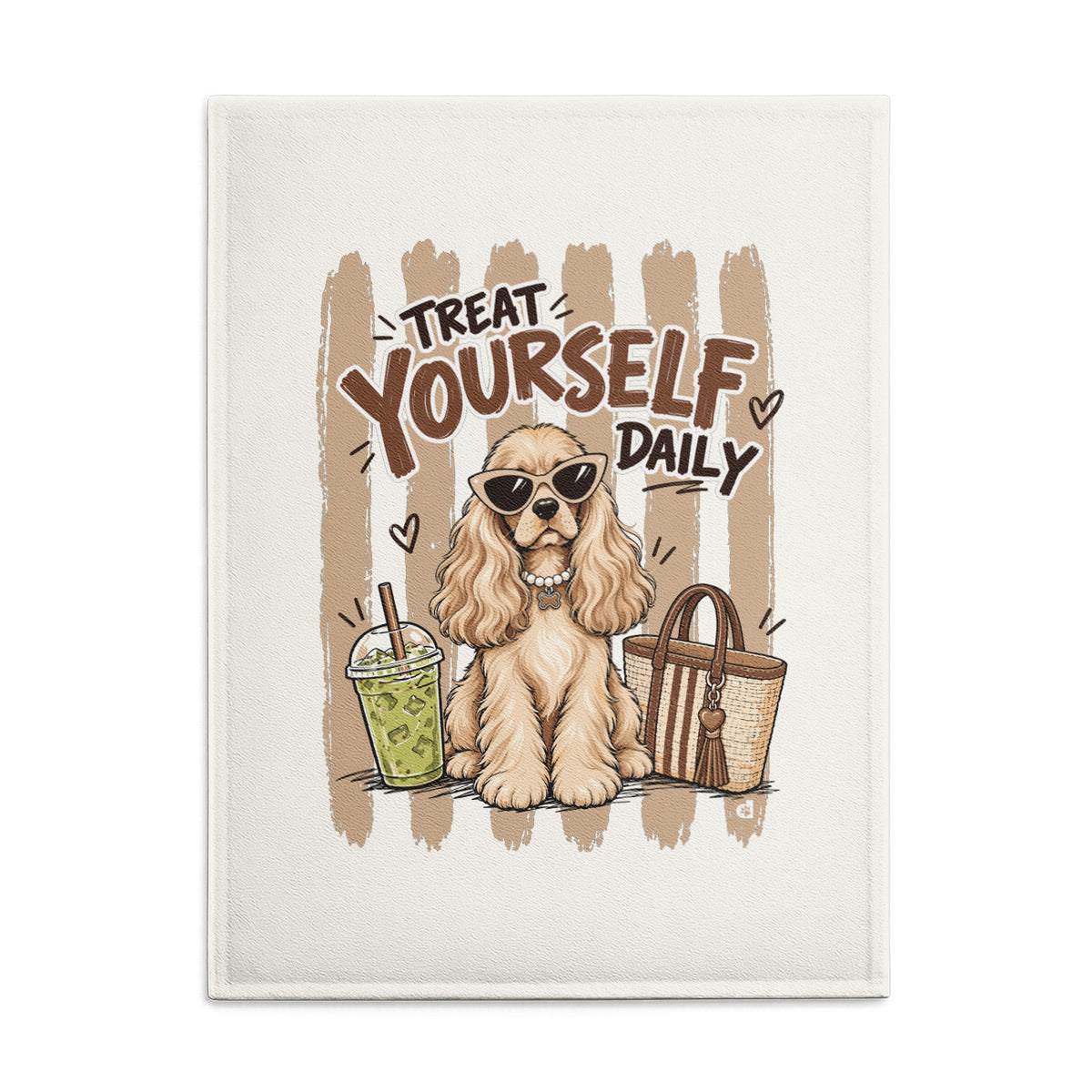 Cocker Spaniel natural cotton tea towel with Treat Yourself Daily Latte Edition dog artwork