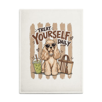 Cocker Spaniel natural cotton tea towel with Treat Yourself Daily Latte Edition dog artwork