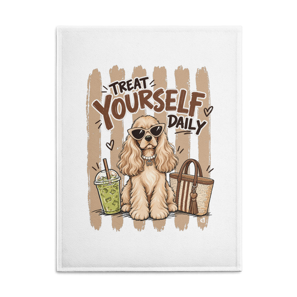 Treat Yourself Daily Cocker Spaniel Latte Edition artwork on a white tea towel