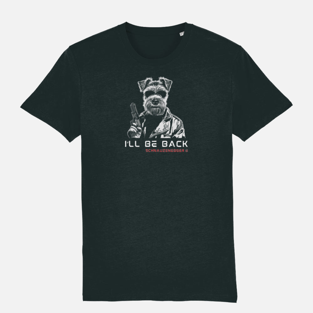 Black T-shirt featuring a Miniature Schnauzer in Terminator style with sunglasses, leather jacket, and gun, slogan “I’LL BE BACK,” and text “SCHNAUZENEGGER.”