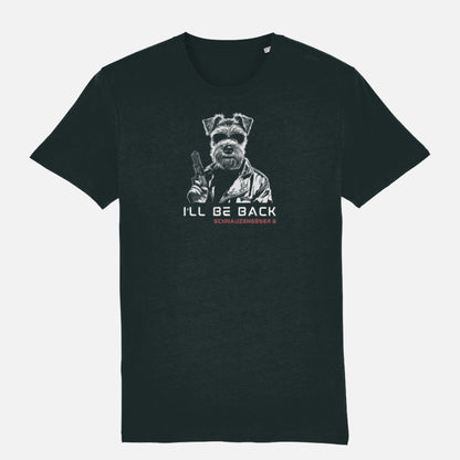 Black T-shirt featuring a Miniature Schnauzer in Terminator style with sunglasses, leather jacket, and gun, slogan “I’LL BE BACK,” and text “SCHNAUZENEGGER.”