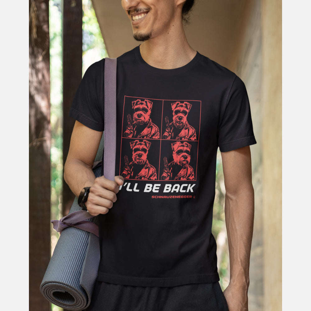 Man in a black unisex Schnauzer T-shirt with four-panel pop-art design in red. “I’LL BE BACK” slogan and SCHNAUZENEGGER parody, printed on organic cotton.