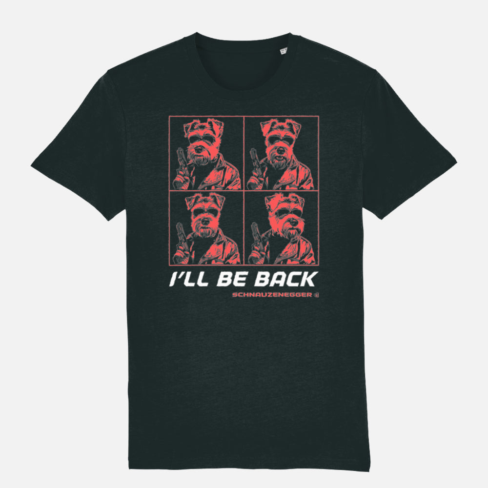 Black unisex Schnauzer T-shirt with four-panel pop-art design in red. “I’LL BE BACK” slogan and SCHNAUZENEGGER parody, printed on organic cotton.