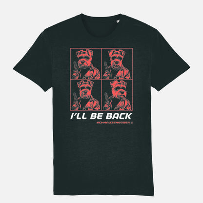 Black unisex Schnauzer T-shirt with four-panel pop-art design in red. “I’LL BE BACK” slogan and SCHNAUZENEGGER parody, printed on organic cotton.