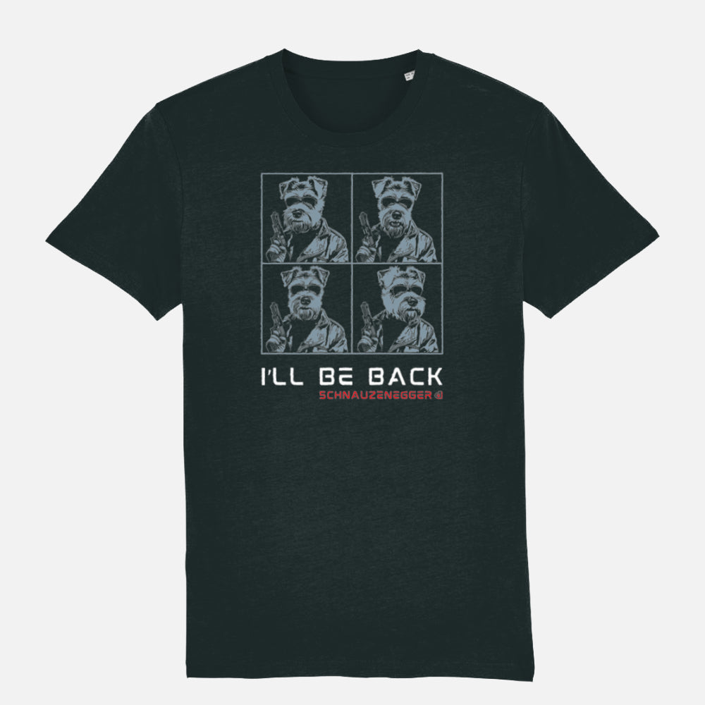 Black unisex T-shirt with four-panel pop-art design in blue showing a Miniature Schnauzer in Terminator style with sunglasses, leather jacket, gun, slogan “I’LL BE BACK,” and text “SCHNAUZENEGGER.”
