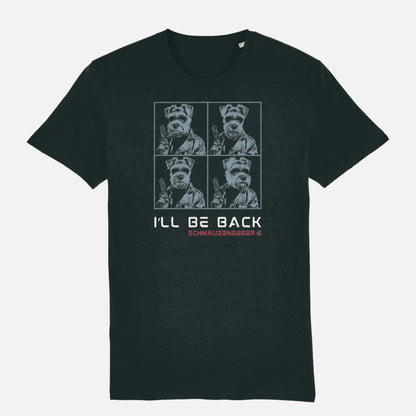 Black unisex T-shirt with four-panel pop-art design in blue showing a Miniature Schnauzer in Terminator style with sunglasses, leather jacket, gun, slogan “I’LL BE BACK,” and text “SCHNAUZENEGGER.”