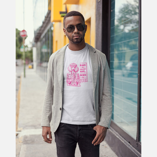 Man in White 'Born to Critique' Poodle T-shirt featuring a stylish pink Poodle illustration in vintage attire with a witty slogan