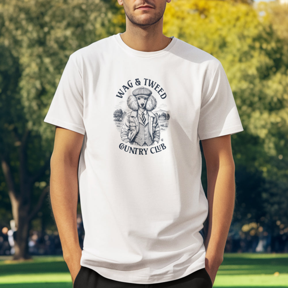 Men in a white T-shirt featuring a vintage-style illustration of a Poodle in tweed jacket and cap, with “Wag & Tweed Country Club” text arched above and below, set against a countryside background.