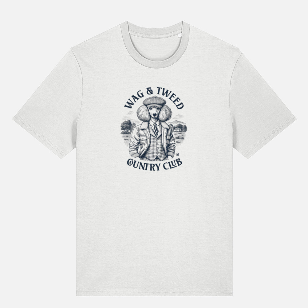 White 
T-shirt featuring a vintage-style illustration of a Poodle in tweed jacket and cap, with “Wag & Tweed Country Club” text arched above and below, set against a countryside background.