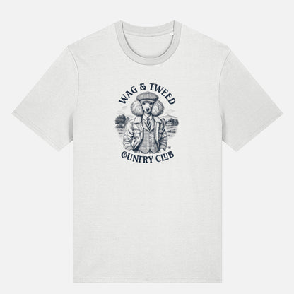 White 
T-shirt featuring a vintage-style illustration of a Poodle in tweed jacket and cap, with “Wag & Tweed Country Club” text arched above and below, set against a countryside background.