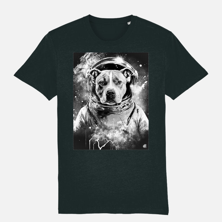 Black T-shirt featuring a Staffordshire Bull Terrier in a space helmet, surrounded by a cosmic background, blending a space theme with the dog’s focused expression.