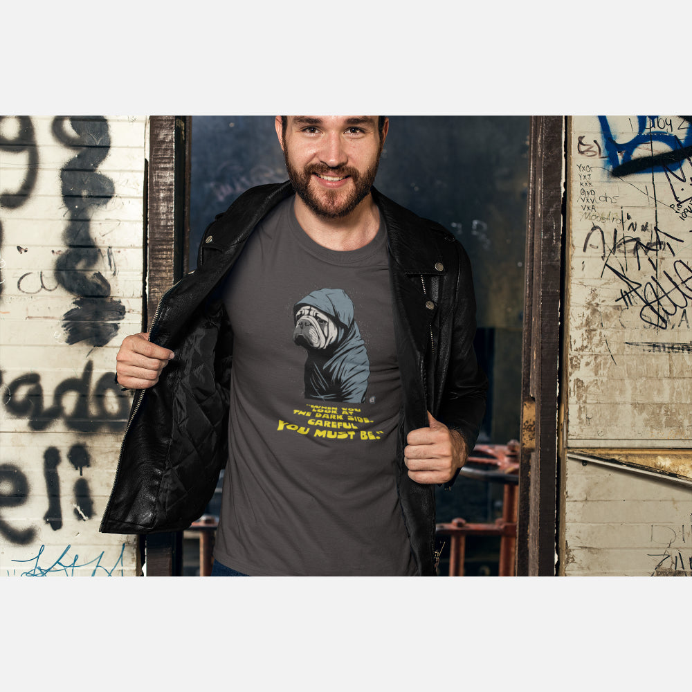 Man in Anthracite 'When you Look at the Dark Side' T-shirt featuring a stoic Shar-Pei in a hooded cloak, inspired by sci-fi, with yellow text.