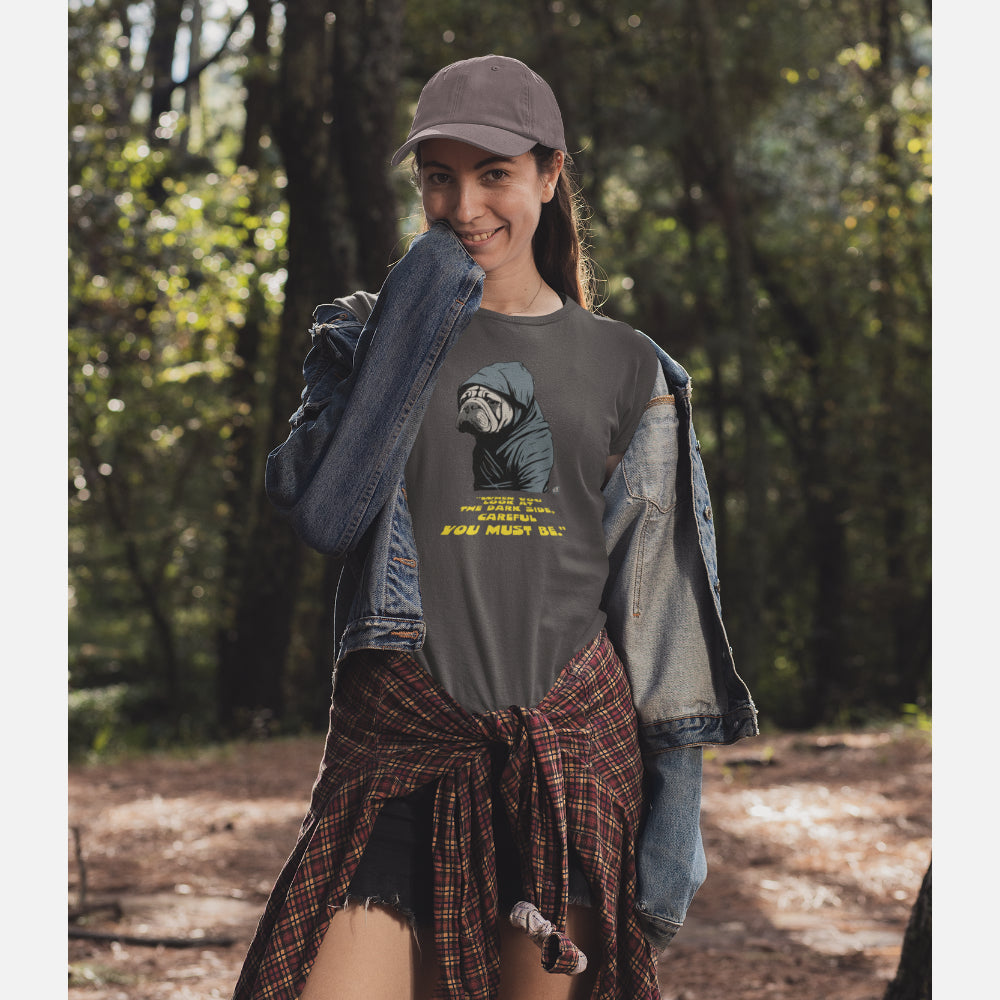 Woman in Anthracite 'When you Look at the Dark Side' T-shirt featuring a stoic Shar-Pei in a hooded cloak, inspired by sci-fi, with yellow text.