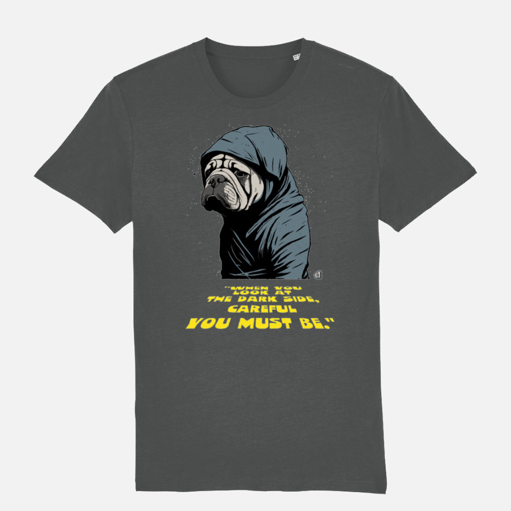 Anthracite 'When you Look at the Dark Side' T-shirt featuring a stoic Shar-Pei in a hooded cloak, inspired by sci-fi, with yellow text.