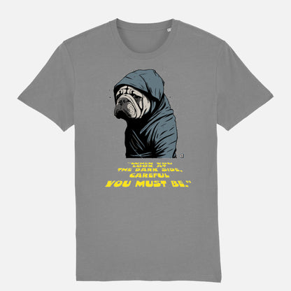 Mid Heather Grey 'When you Look at the Dark Side' T-shirt featuring a stoic Shar-Pei in a hooded cloak, inspired by sci-fi, with yellow text.