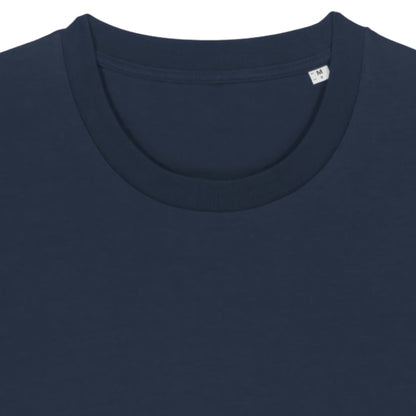 Navy blue t-shirt with a close-up of the collar and label on a white background