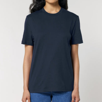 Person wearing a navy blue t-shirt against a plain background