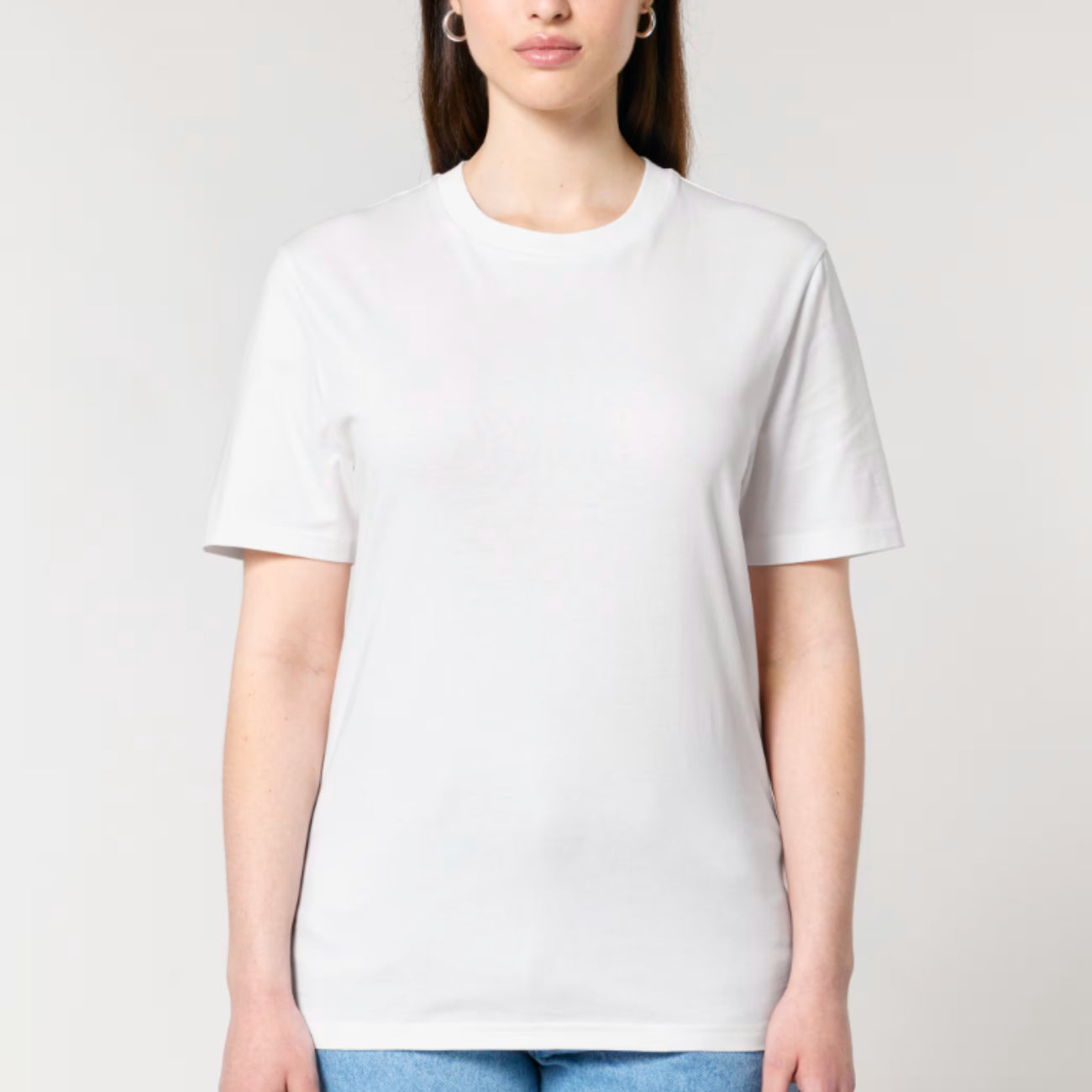 Woman in Stanley Stella white t-shirt