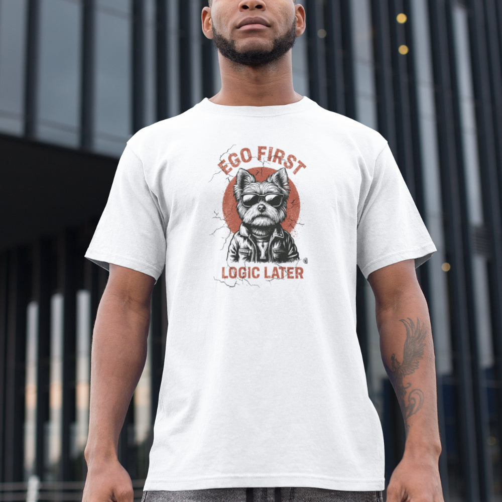 Man in a white organic cotton unisex T-shirt featuring a Yorkie in sunglasses and leather jacket with the slogan “Ego first, logic later.